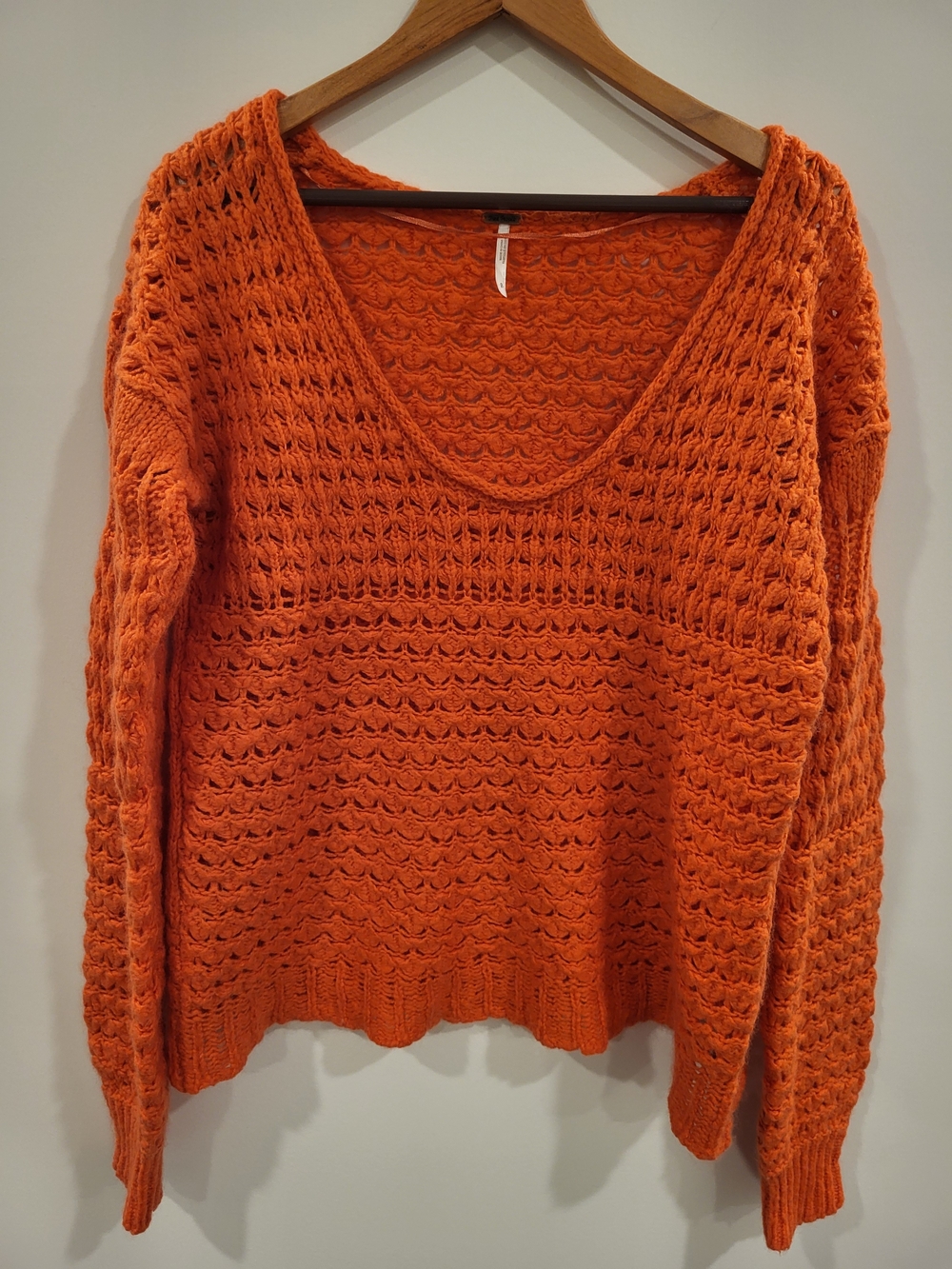 Free People Crashing Waves V-neck Chunky Open Knit Oversize Sweater Orange Small